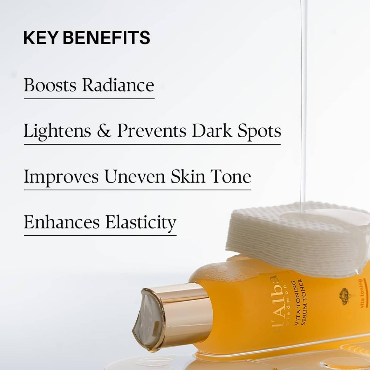 d'Alba Vita Toning serum toner bottle, yellow serum, gold cap