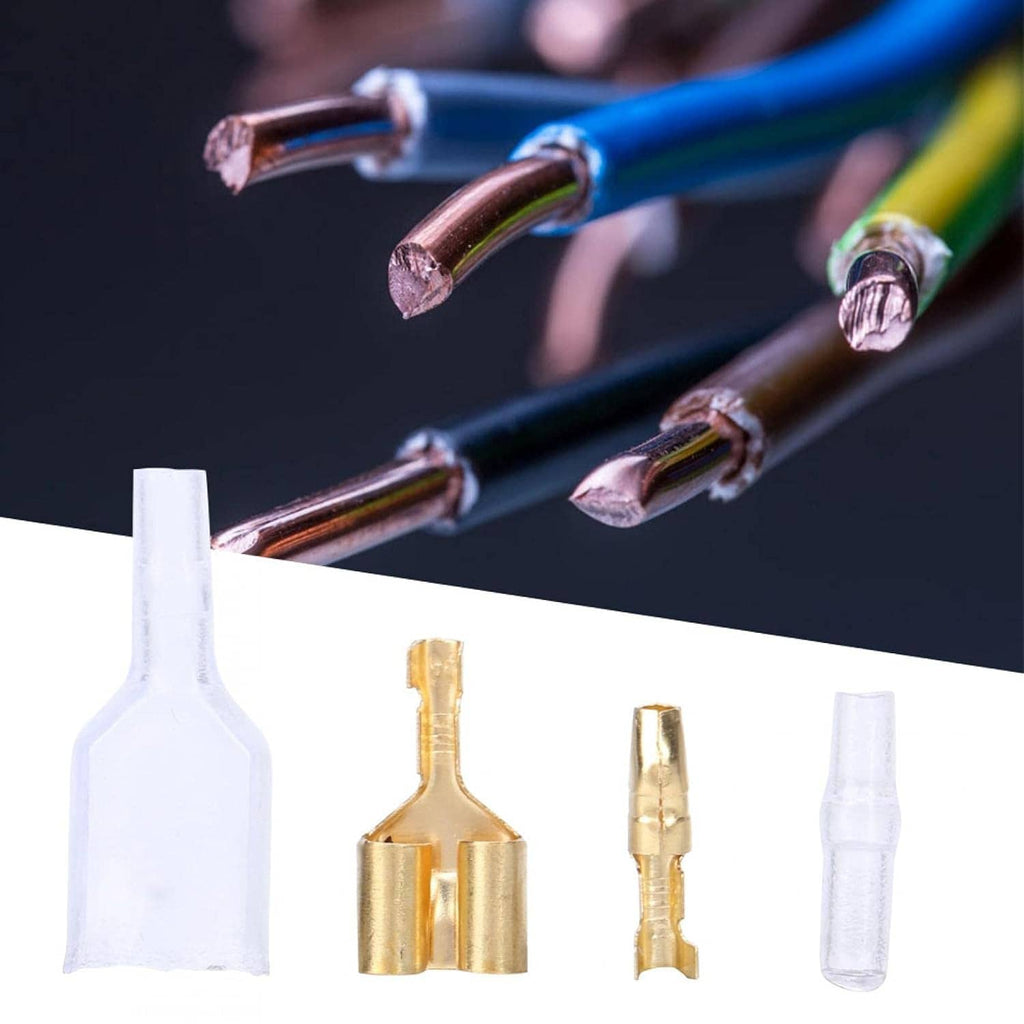 Set of gold bullet crimp terminals with clear wire insulation sleeves