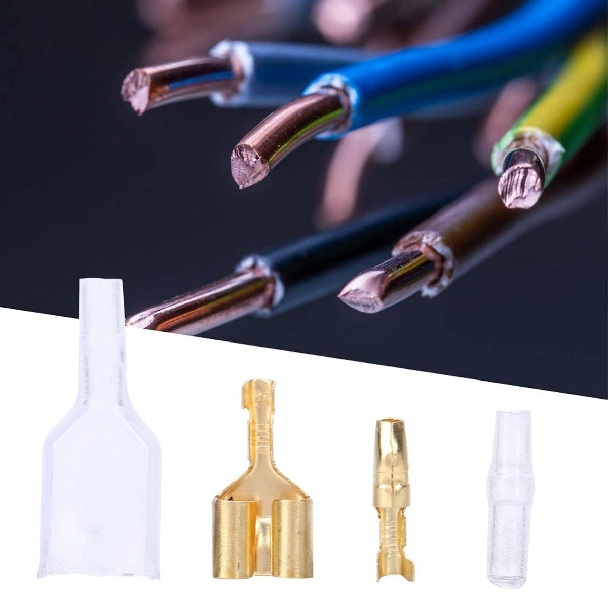 Set of gold bullet crimp terminals with clear wire insulation sleeves