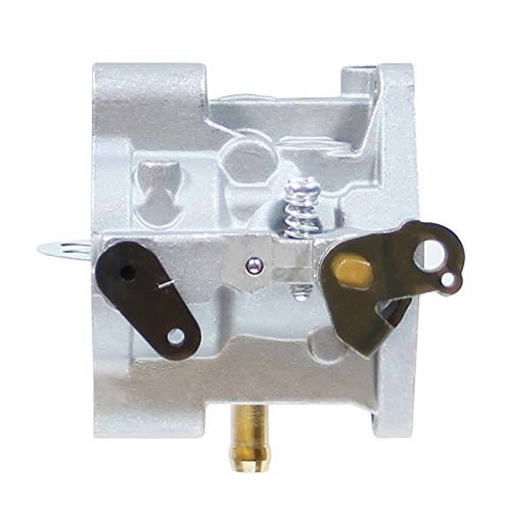 Carburetor underside with linkage arm and spring, silver metal body