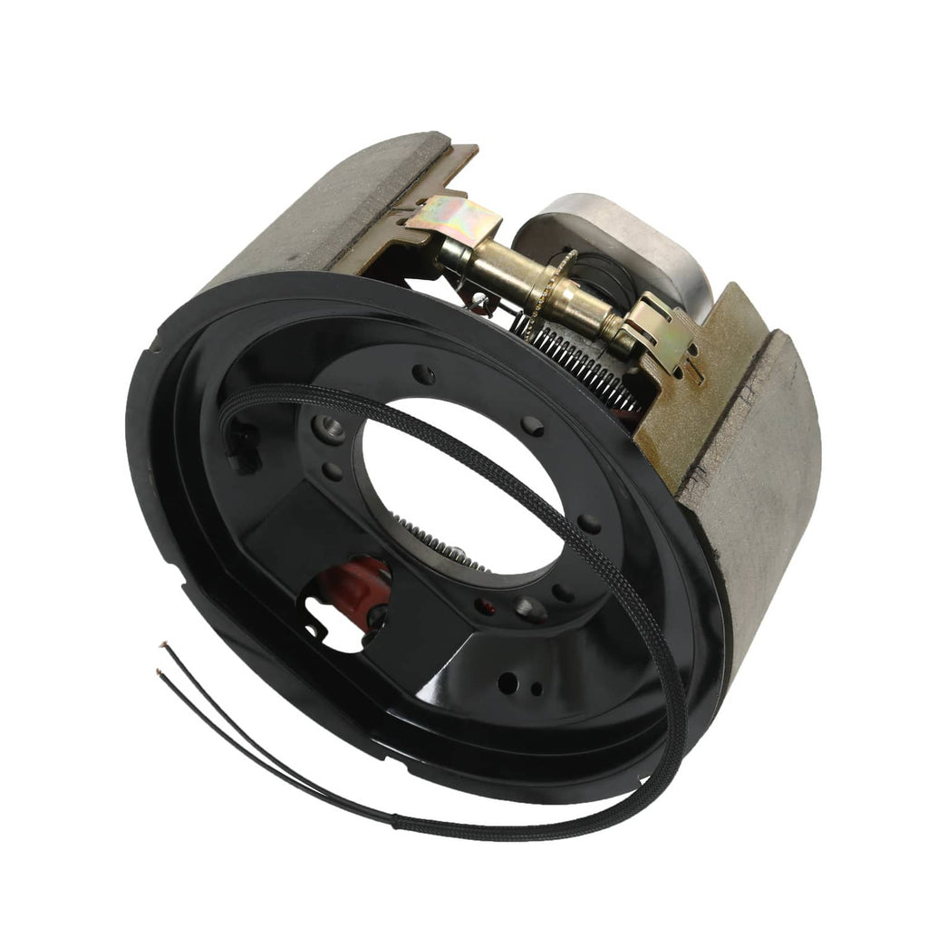 Electric trailer brake backing plate kit with black brake shoes and coil springs