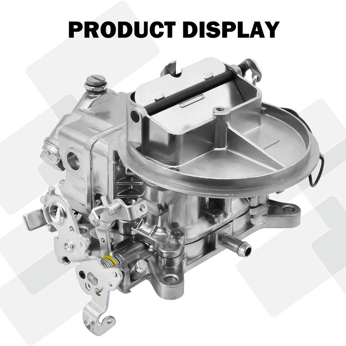 3/4 view of 2-barrel carburetor with silver air horn and mounted electric choke