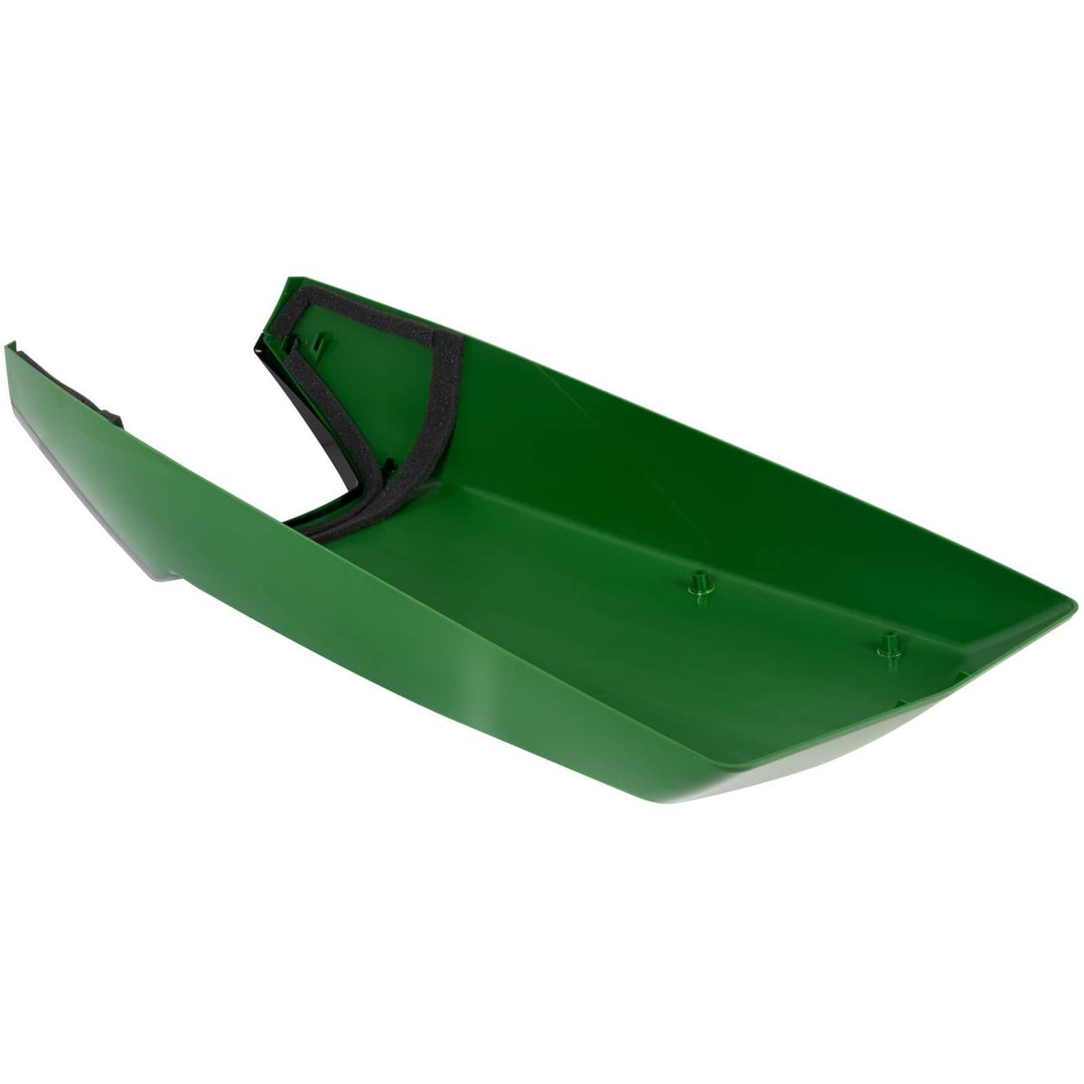 Green hood underside with access opening and molded mounting points