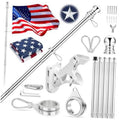 Outdoor American flag with metal flagpole kit parts including pole, rings, and clips