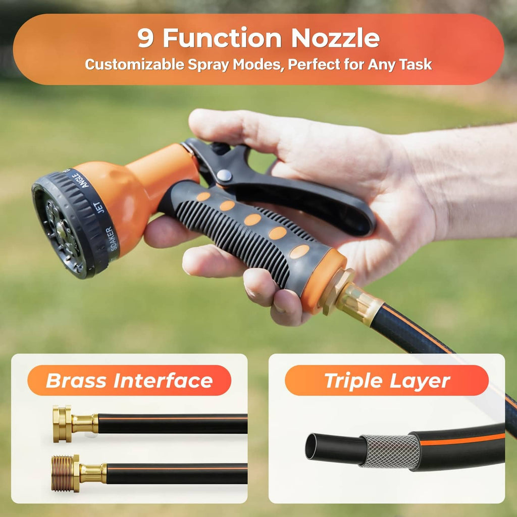 9-function garden hose nozzle with orange spray head and black ergonomic handle