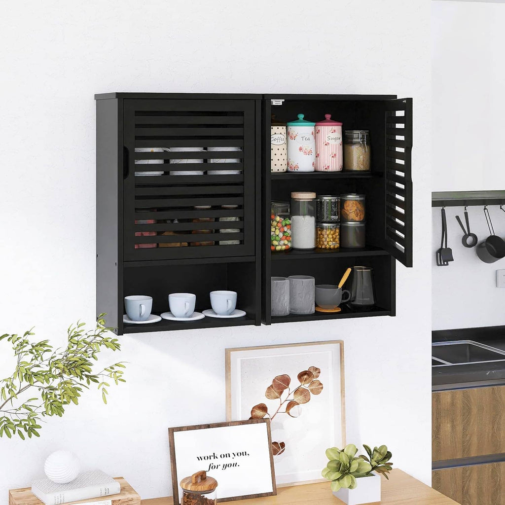 Wall medicine cabinet with slatted doors open, jars, cups, and containers inside