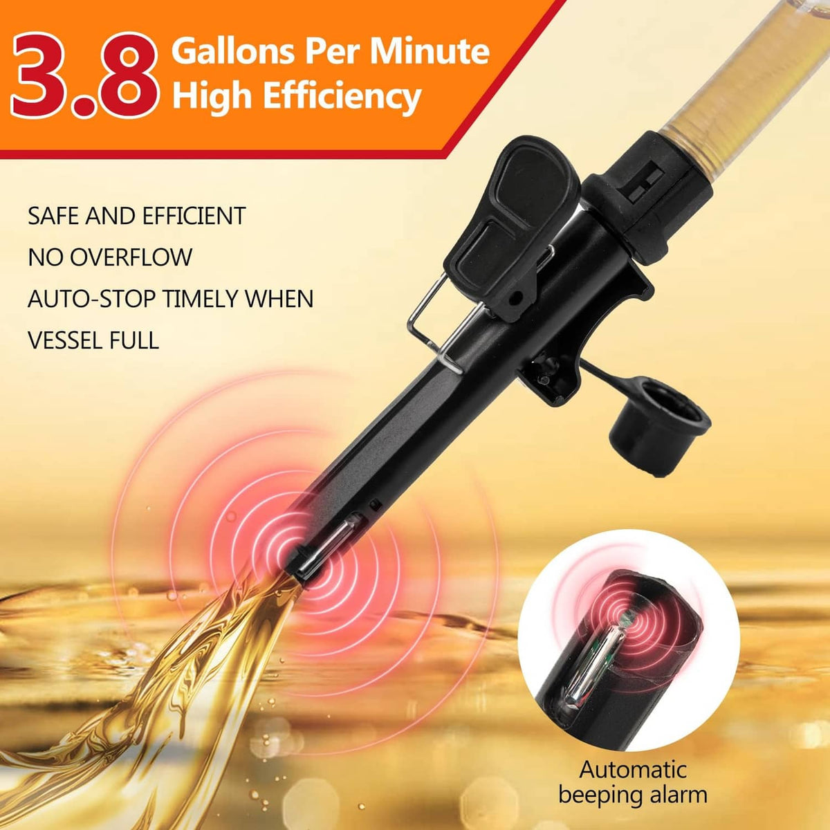 Fuel transfer pump nozzle with automatic beeping alarm sensor and transfer hose
