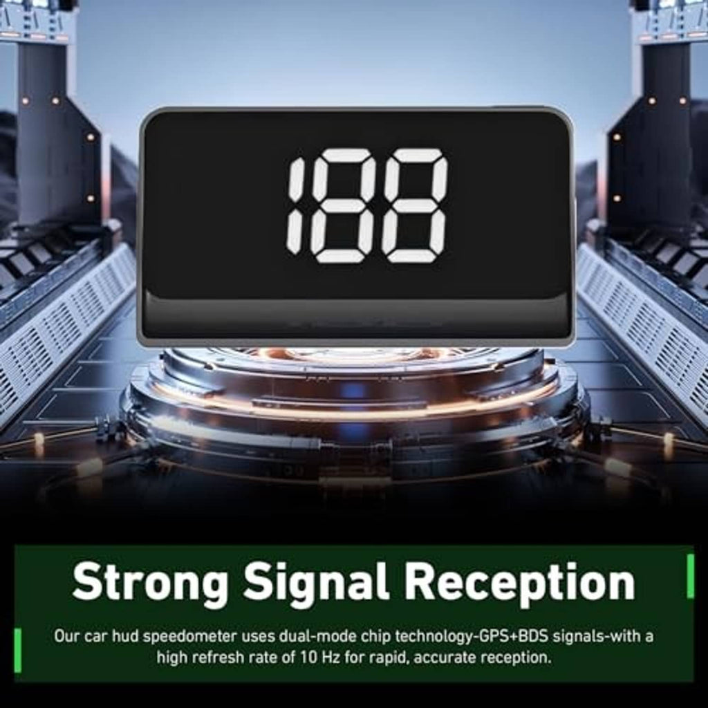 Close-up car HUD screen with white digital speed readout on dark display