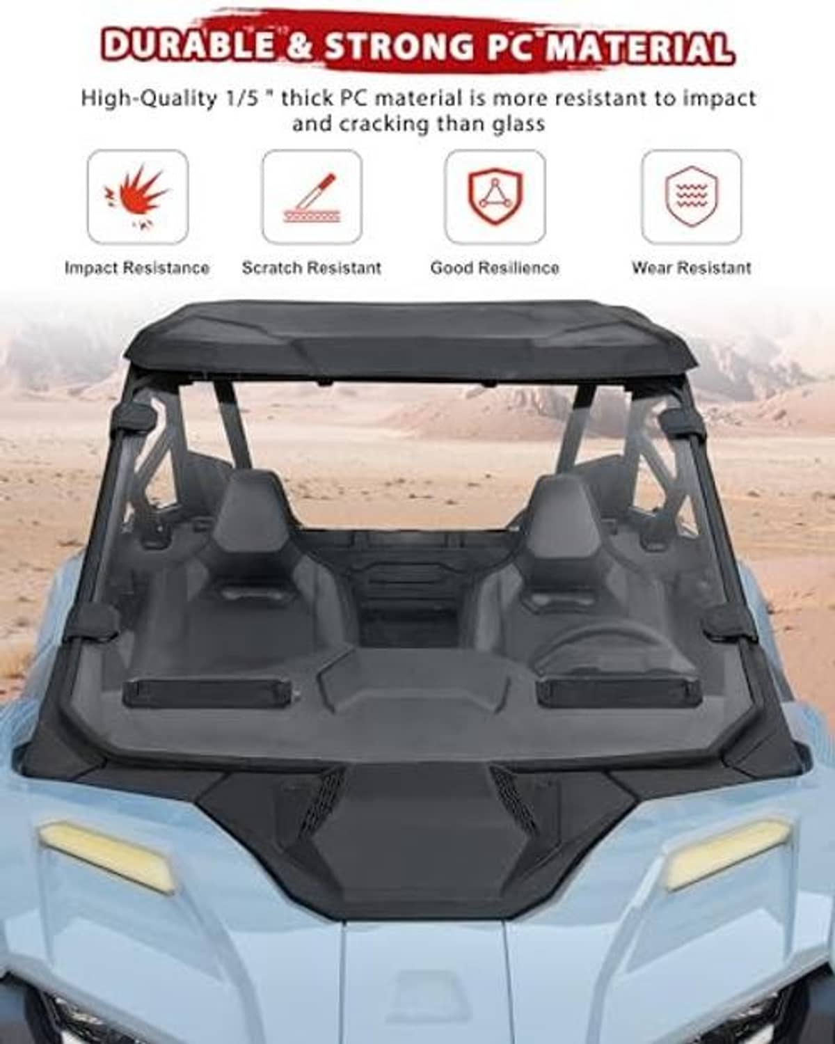 Front clear windshield installed on UTV cab with black top and frame