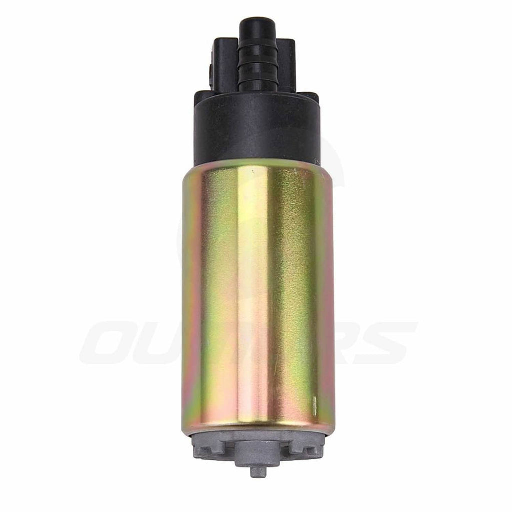 In-tank fuel pump with rainbow metal cylinder and black base, viewed from the front