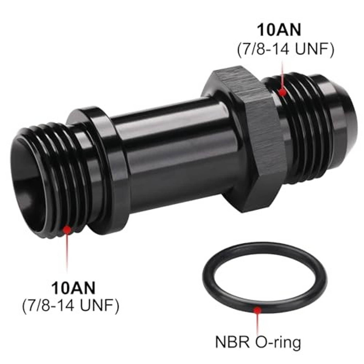 Black AN flare-to-ORB extension fitting with NBR O-ring, dual male threads