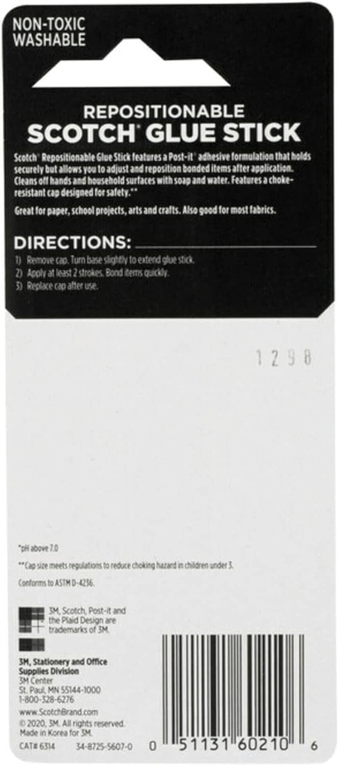 Scotch repositionable glue stick directions panel with non-toxic, washable text