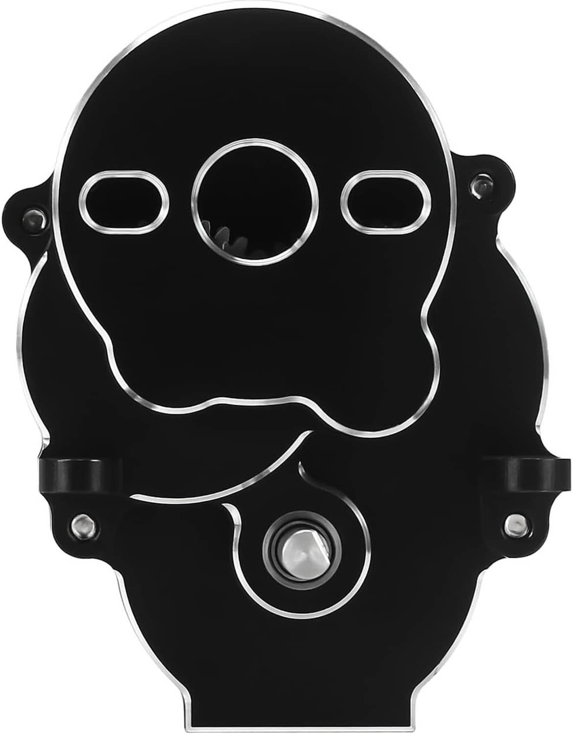 Black CNC transmission housing with circular openings and silver outline accents