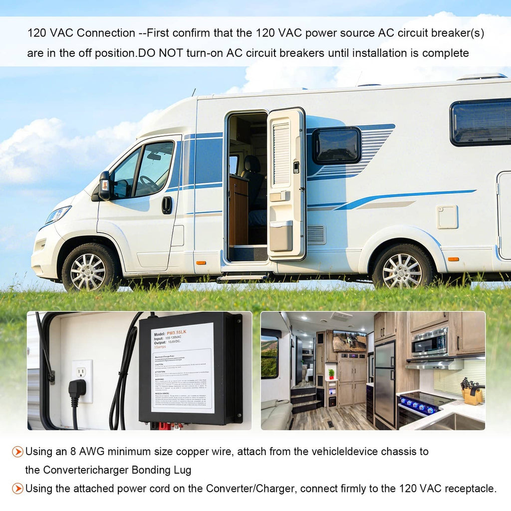 RV power converter kit with power cord and connection components for 120VAC