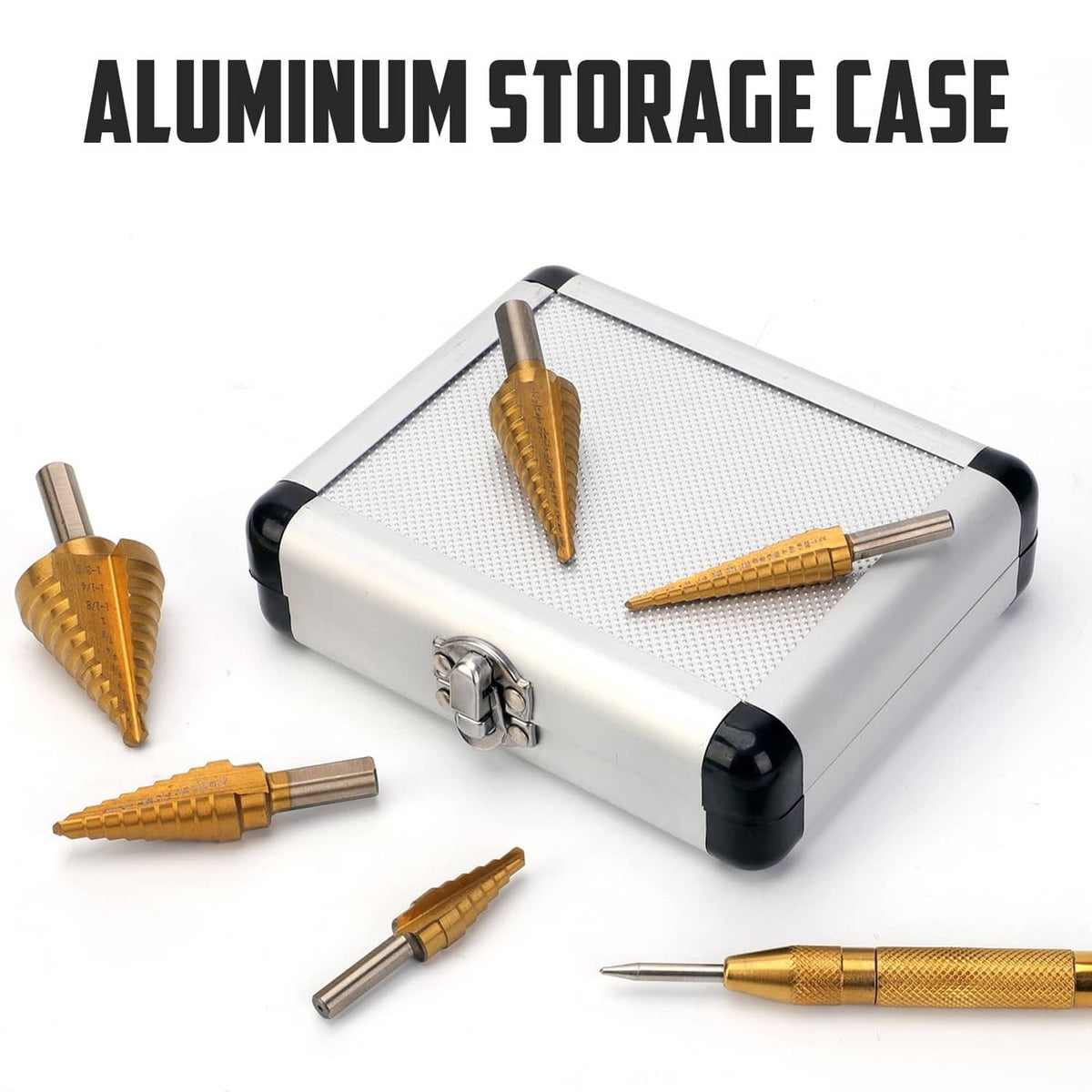 Aluminum storage case with gold step drill bits, shanks and wing handle