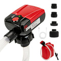 Portable fuel transfer pump with red housing, black nozzle, and flexible intake hose