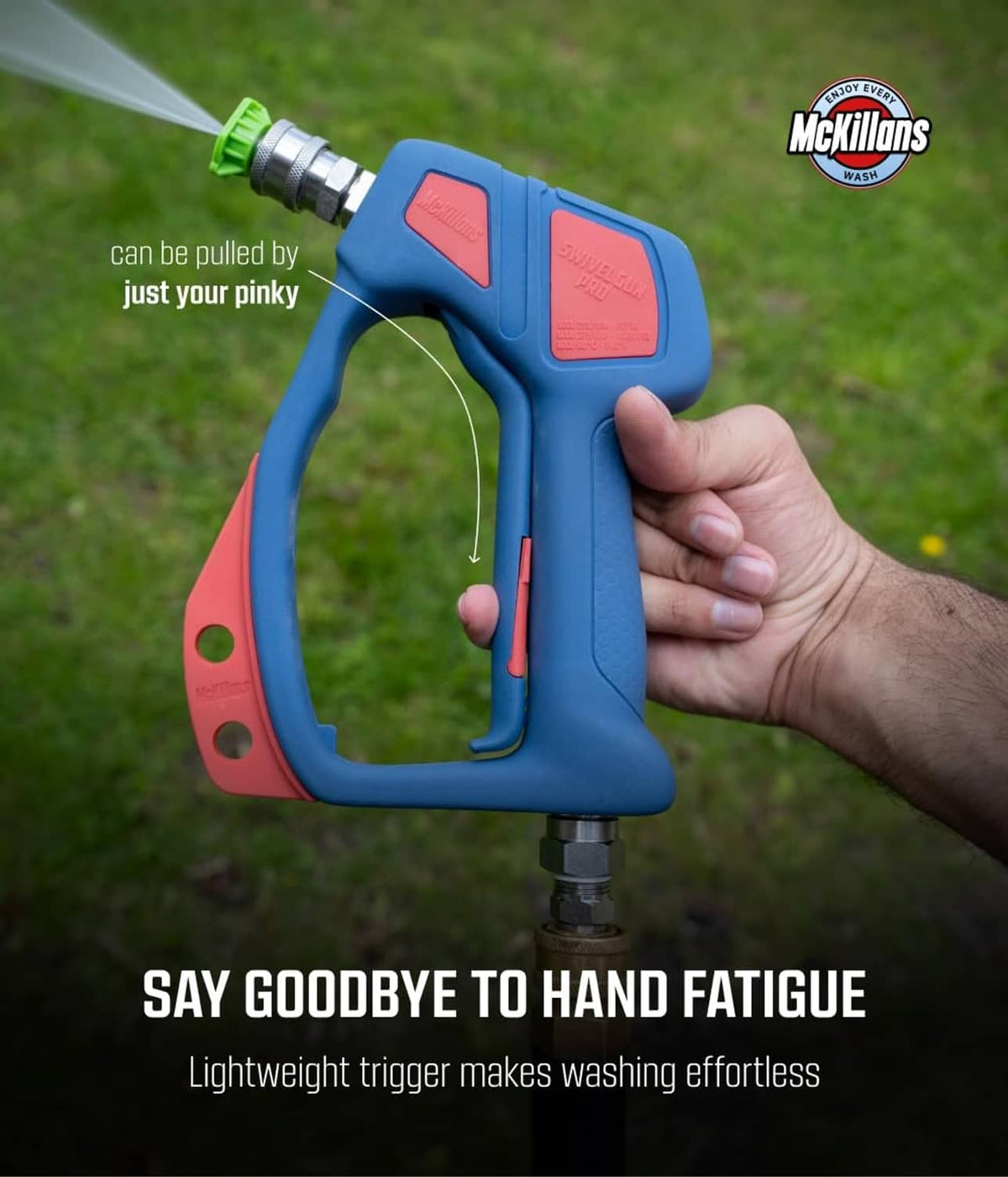 Blue and red trigger-style pressure washer swivel gun with green lever detail