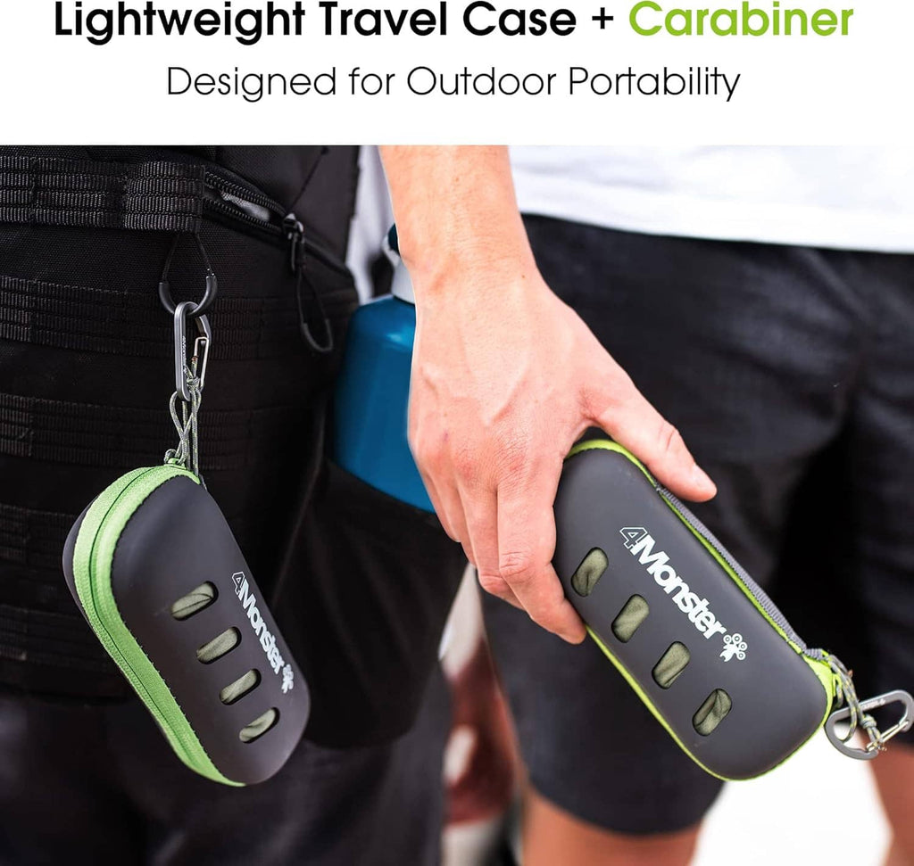 Compact microfiber towel case with snap loop and carabiner, held in hand