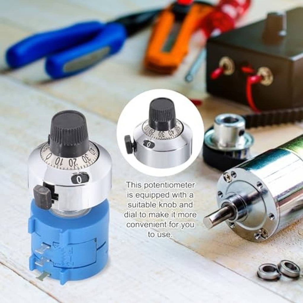 Pair of rotary potentiometers with blue bases, silver metal housings, and black knurled knobs