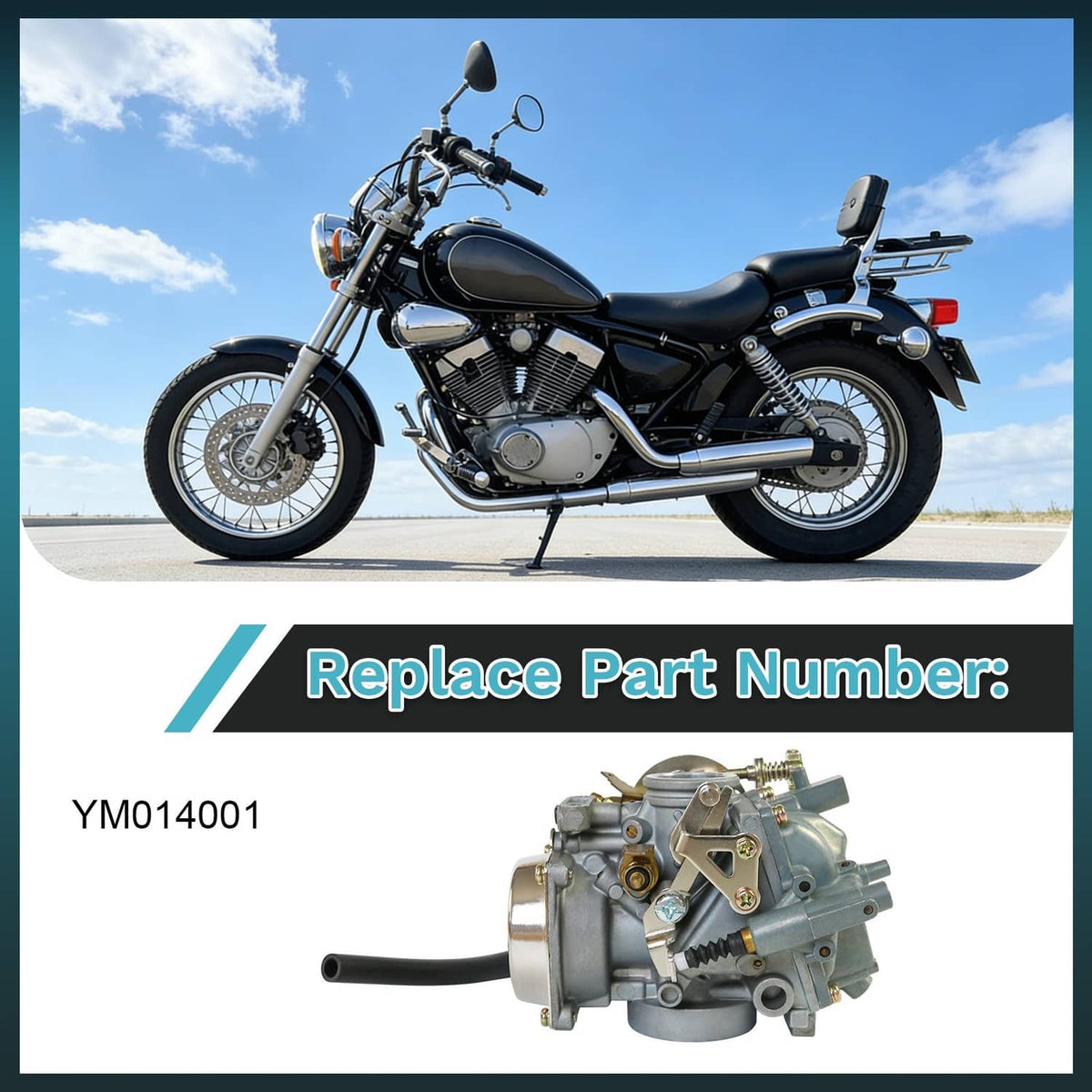 Carburetor unit with black intake hose and metal mounting bracket, inset view.