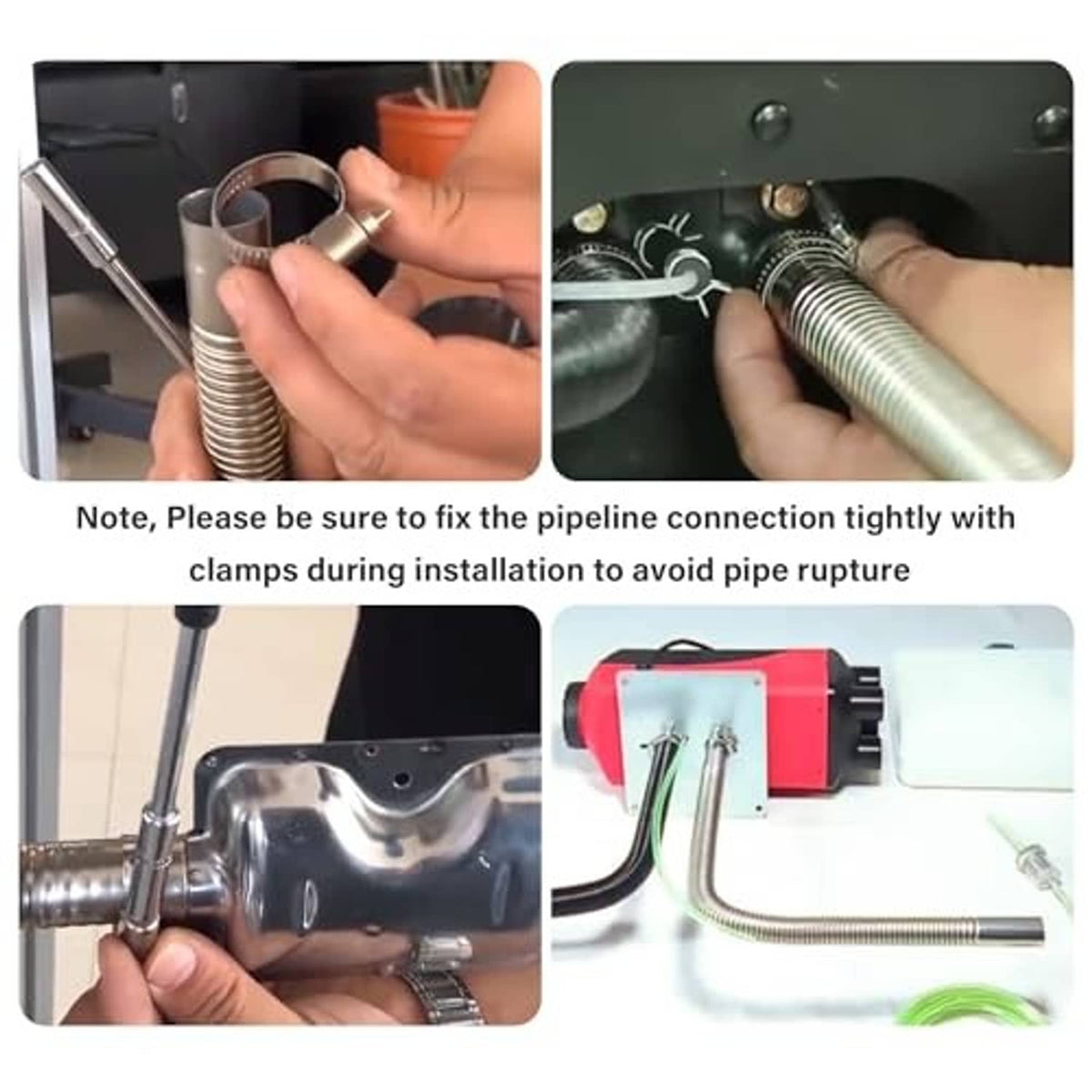 Flexible stainless steel exhaust tubing installed with clamp on heater connection
