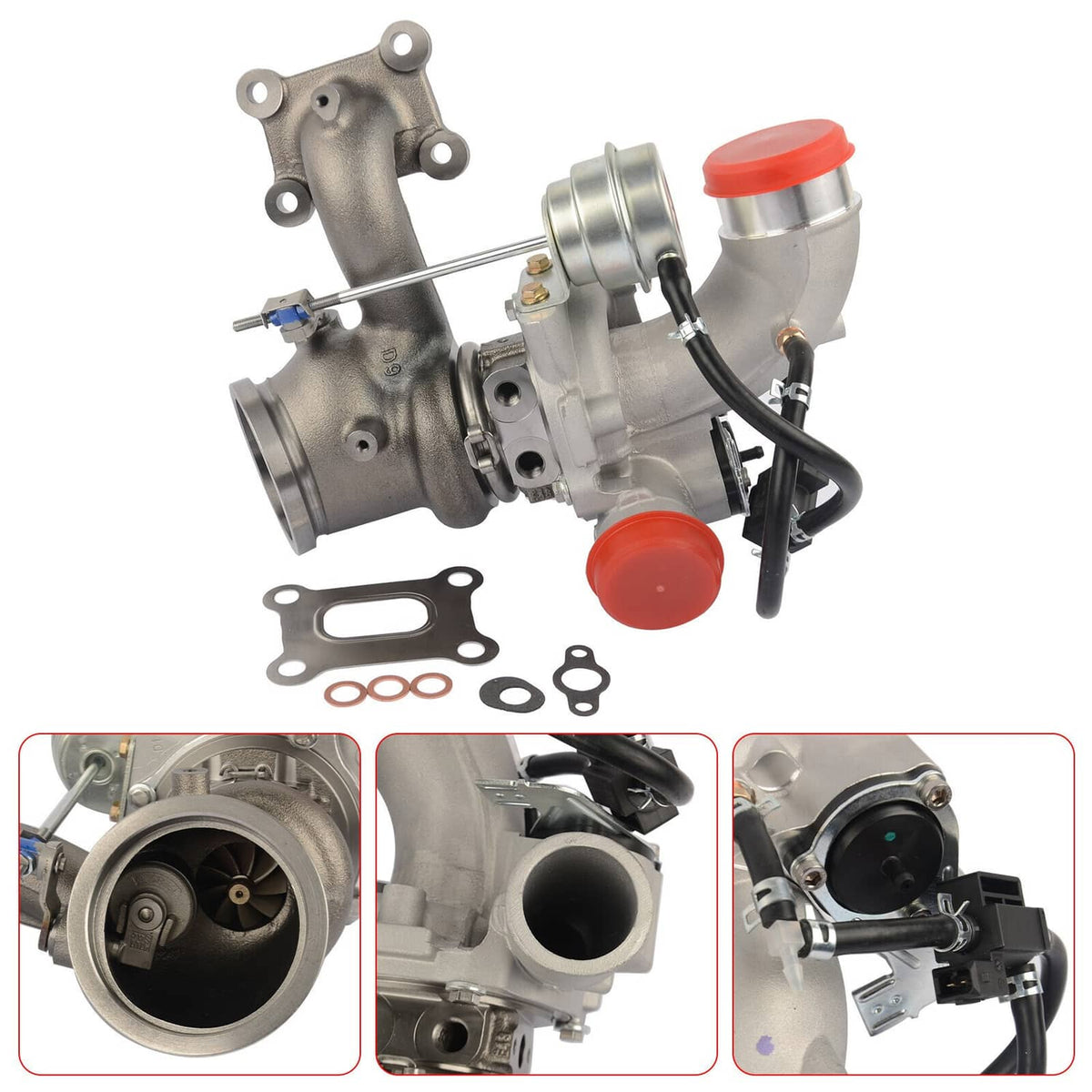 Turbocharger assembly with red caps and black hose wiring, plus gasket kit nearby
