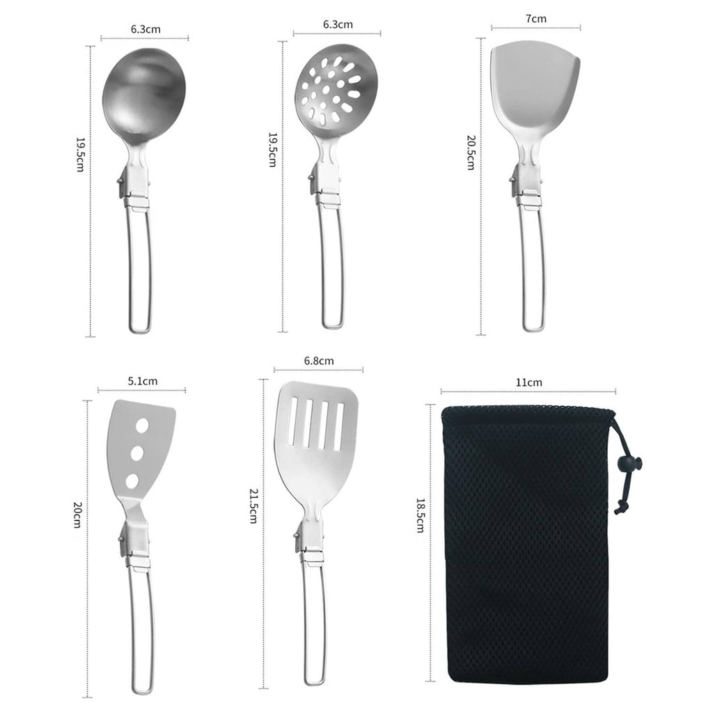 Camp utensil set size chart with silver tools and black storage pouch