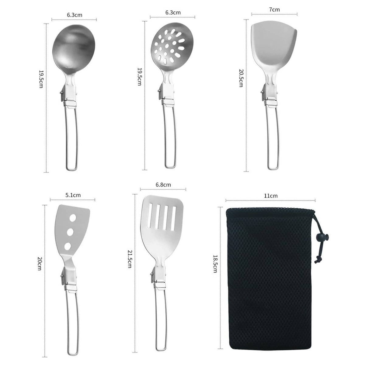 Camp utensil set size chart with silver tools and black storage pouch