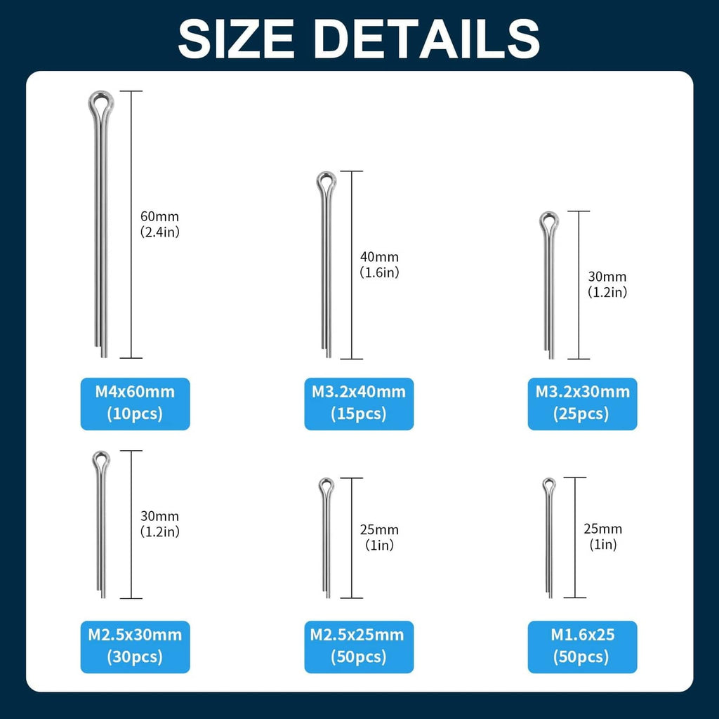 Cotter pin size chart showing multiple lengths and counts for the split pins set