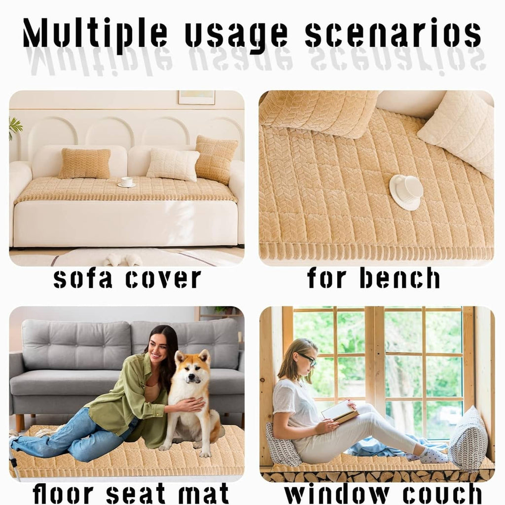 Brown quilted fuzzy couch cover shown on sofa seating and bench-style use