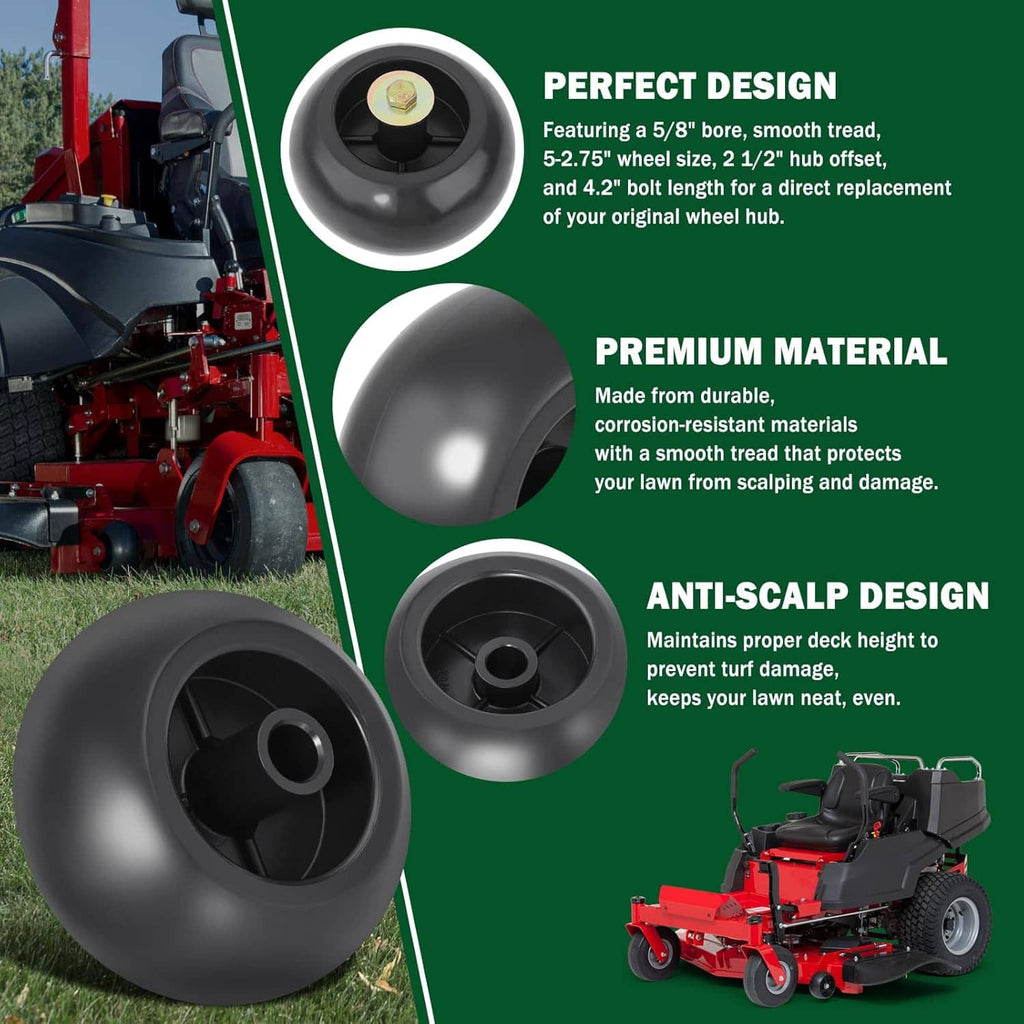 Anti-scalp lawn mower deck wheel with black tread, hub, and mounting shaft