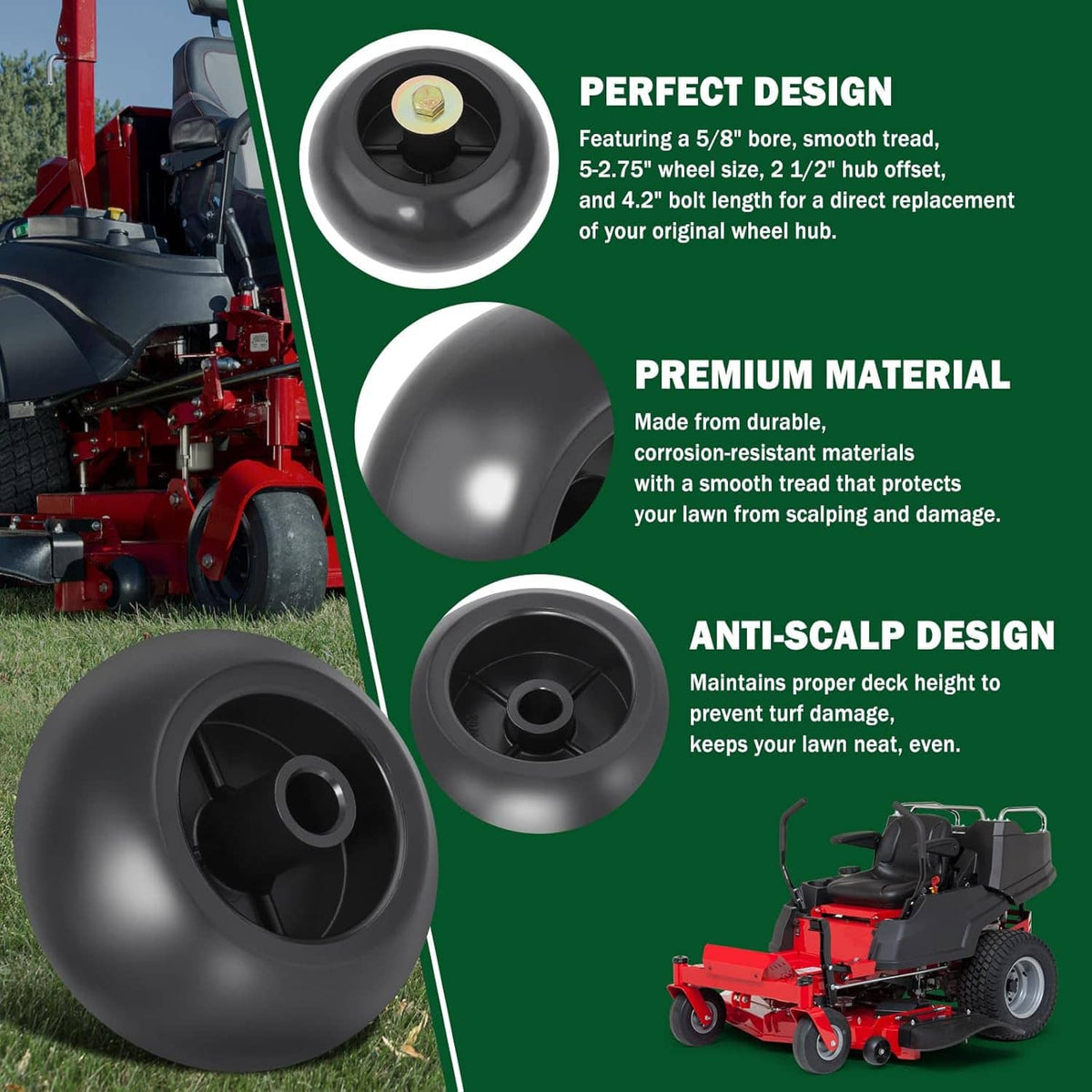 Anti-scalp lawn mower deck wheel with black tread, hub, and mounting shaft