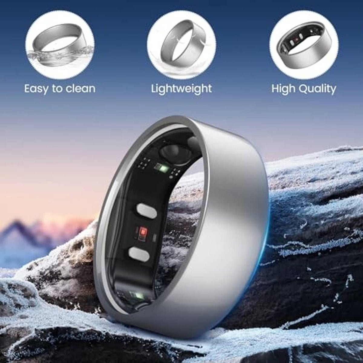 Silver ring cover close-up with smooth metallic band and clear protective inner window