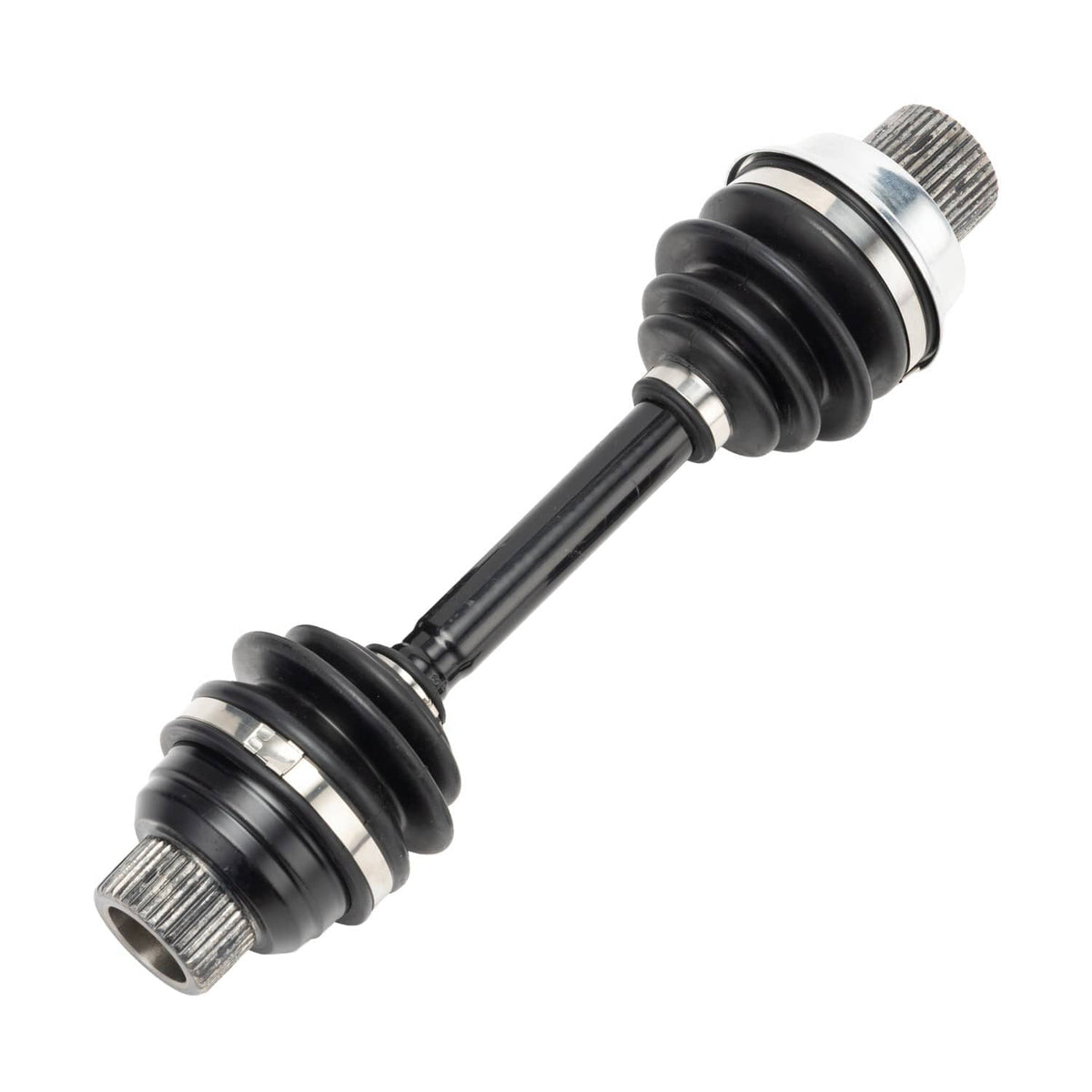 Drive shaft coupler assembly with black boots and metal splined ends on both sides.