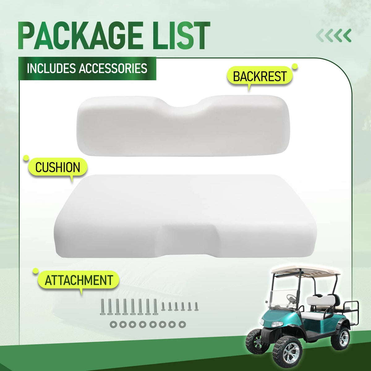 White backrest and cushion package with mounting attachment and hardware