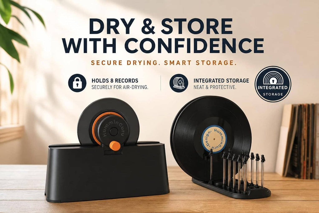 Vinyl record washer with drying and storage compartments, plus cleaning brushes