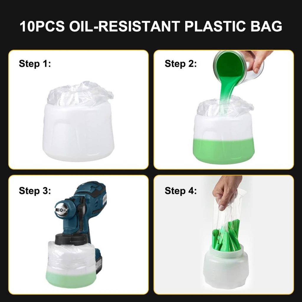 Cordless paint sprayer shown with reusable oil-resistant plastic bags for cleaning