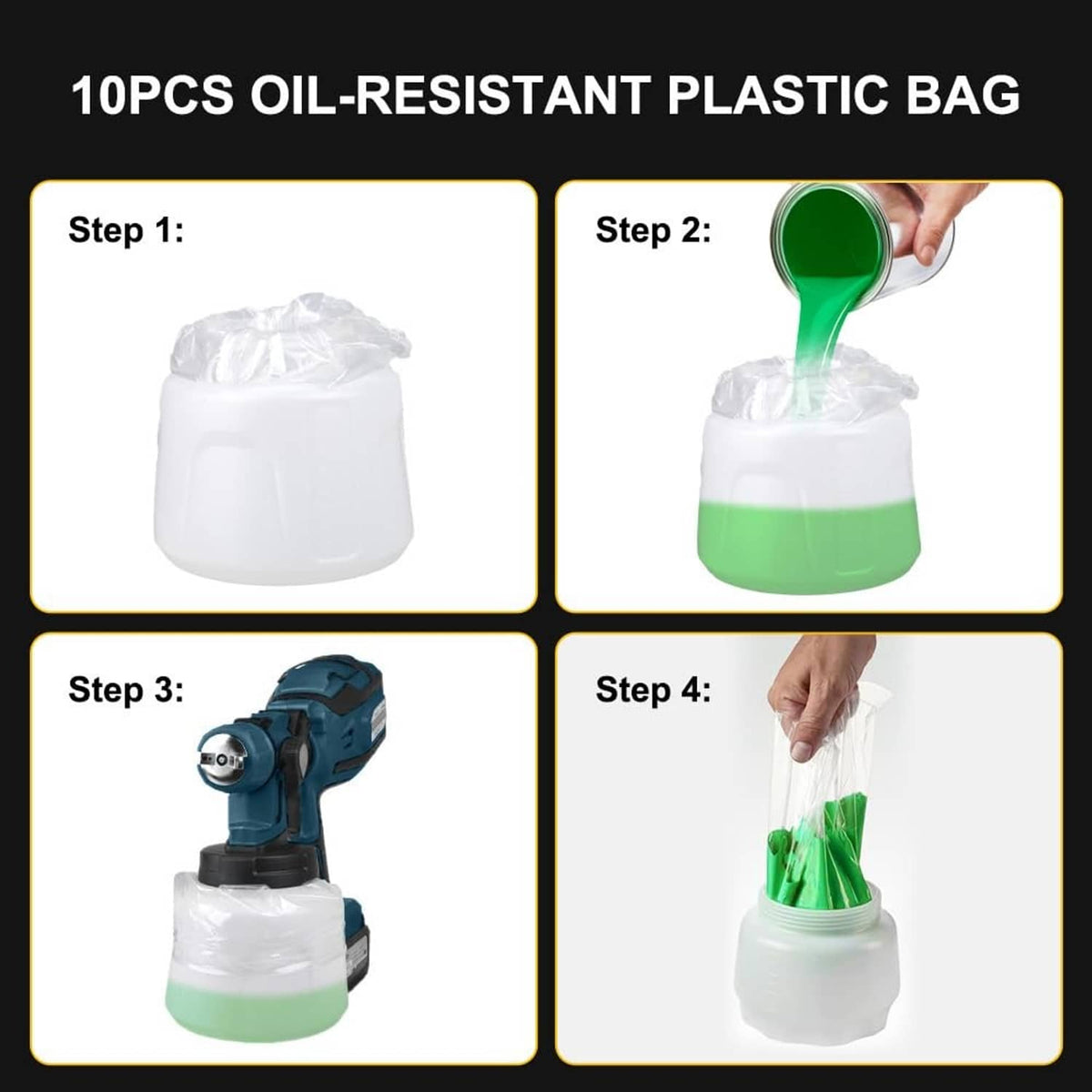 Cordless paint sprayer shown with reusable oil-resistant plastic bags for cleaning