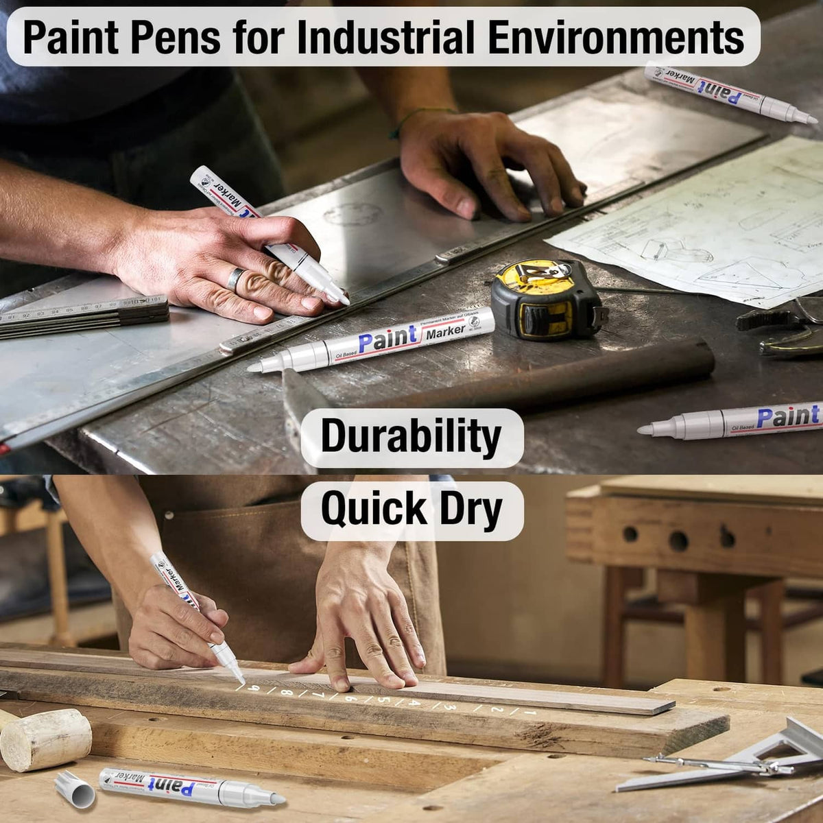 White paint markers used on metal workshop workpieces on a workbench