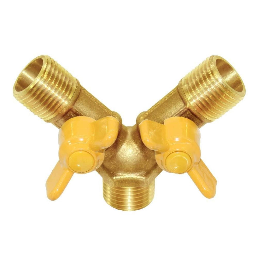 Close-up brass 3-way hose Y ball valve with yellow lever handles and barbs