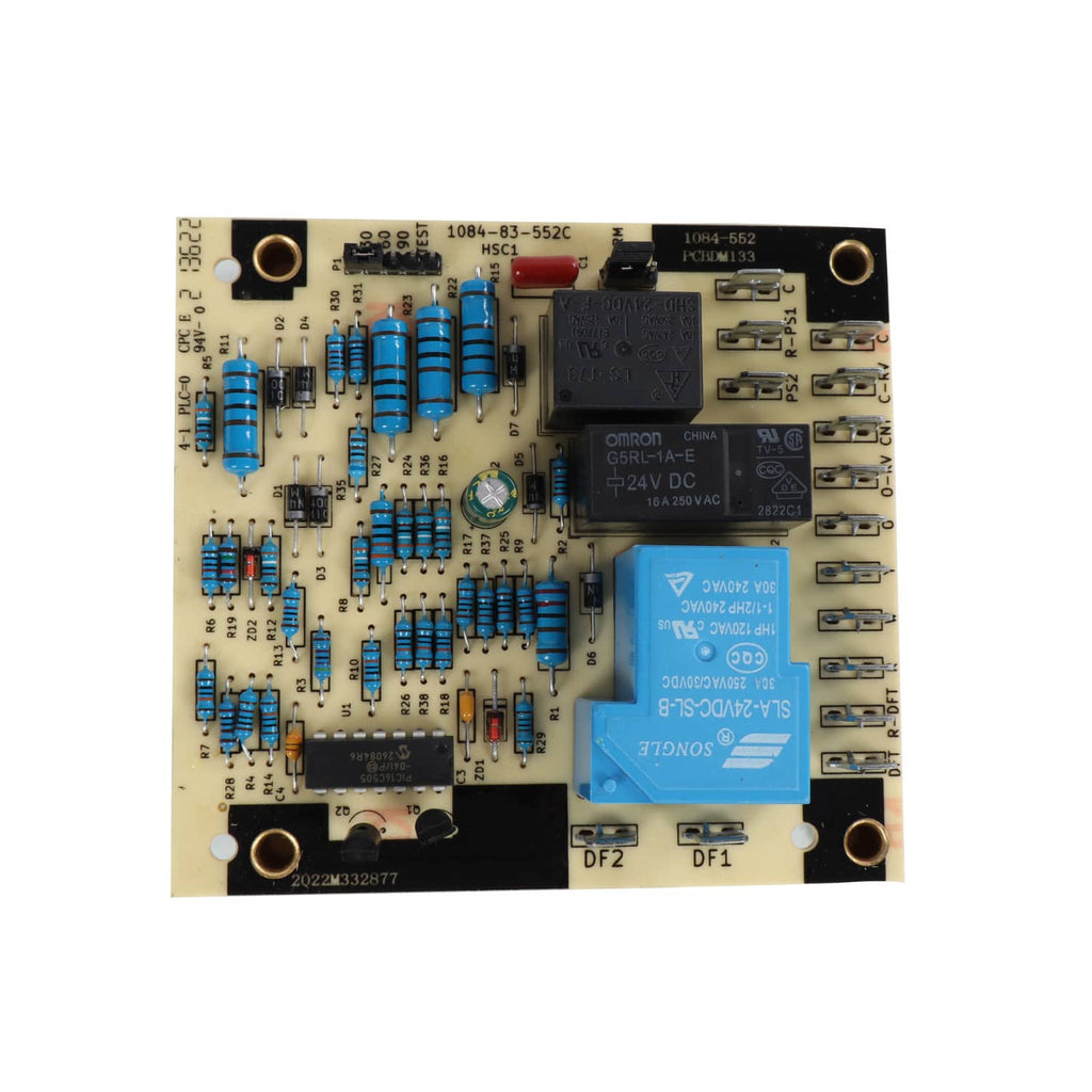 Close-up defrost control board PCB with blue relay, IC chip, and terminal pads