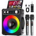 Portable karaoke speaker with two wireless handheld microphones and glowing LED color ring