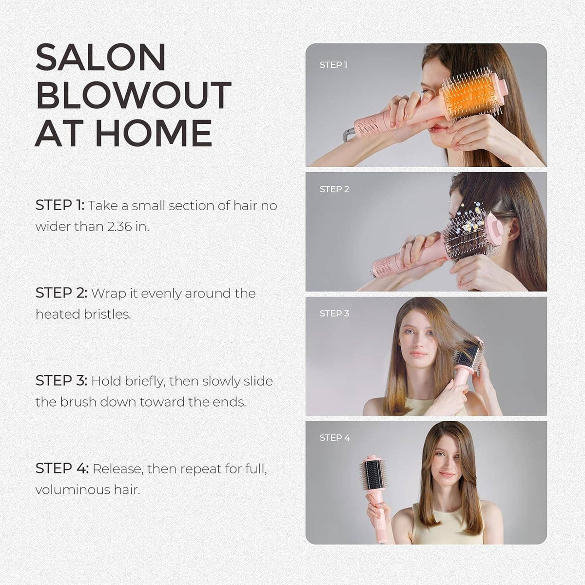 Person using blow dryer brush for at-home salon blowout, step-by-step photos