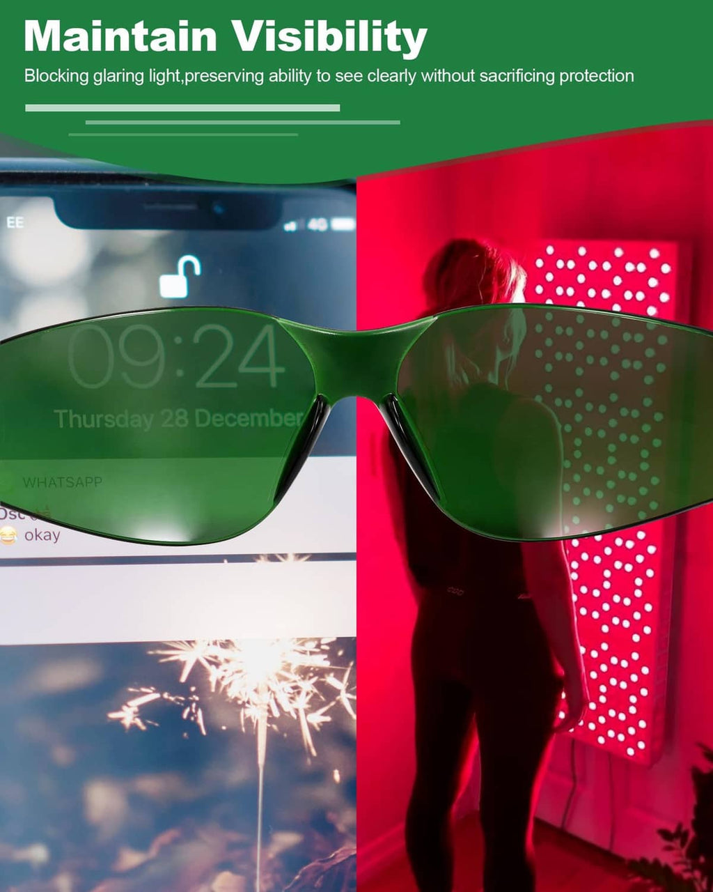 Green wraparound light therapy glasses with tinted lenses