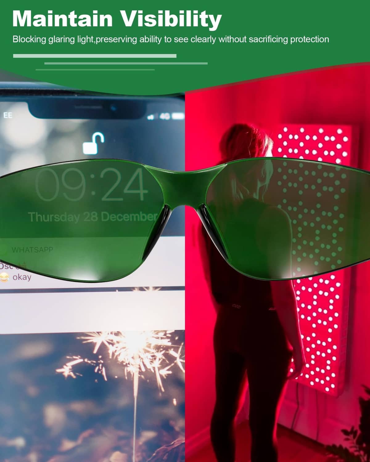 Green wraparound light therapy glasses with tinted lenses