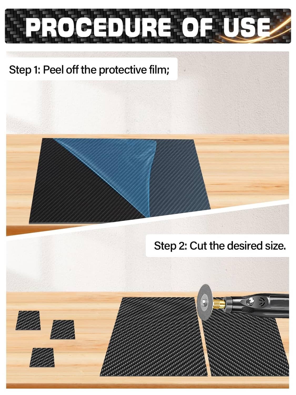 Carbon fiber sheet being peeled and cut to desired size for fitting