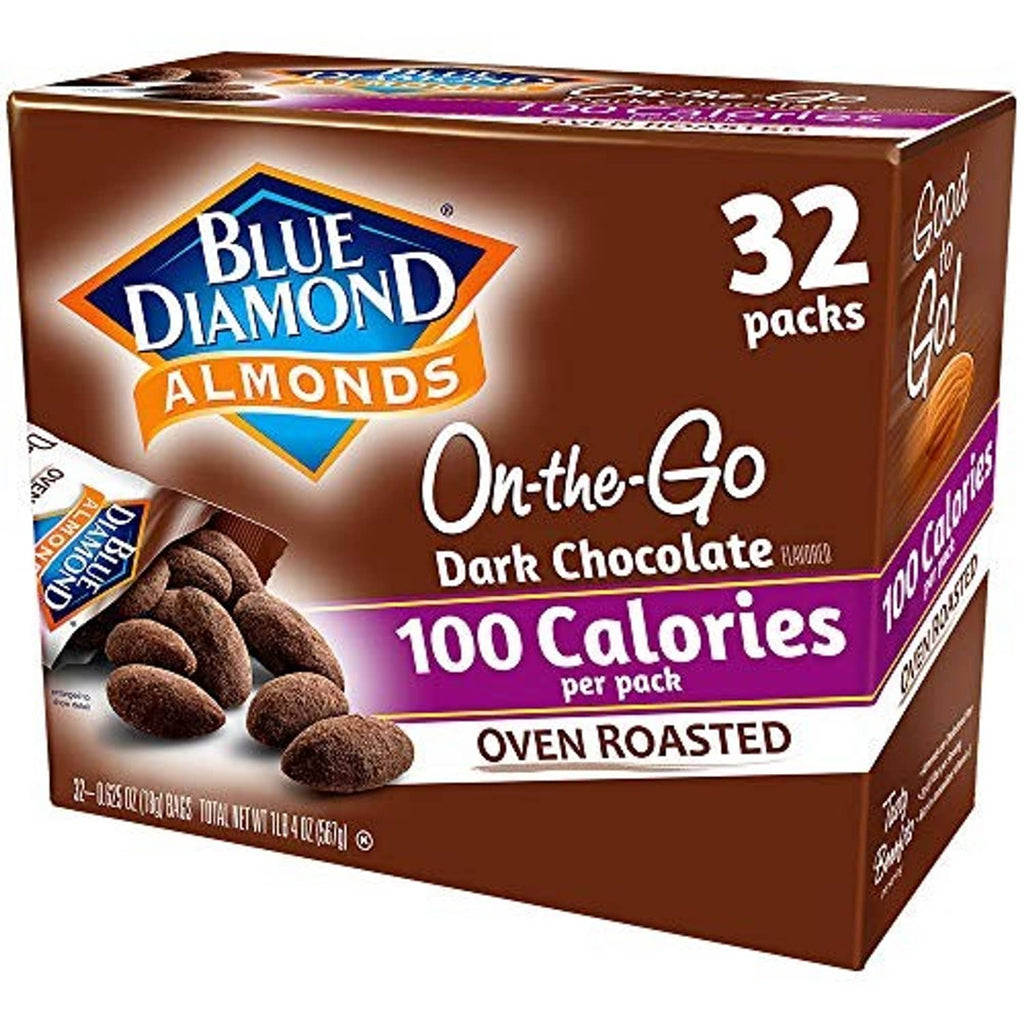 Blue Diamond On-the-Go dark chocolate almonds box, 32 packs, 100 calories per pack