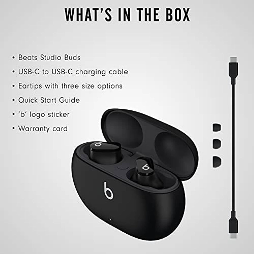 Black Beats-style earbuds and charging case with USB-C cable shown alongside accessories