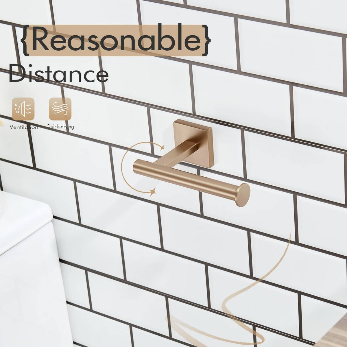 Champagne bronze vertical toilet paper holder shown on wall with spacing guide