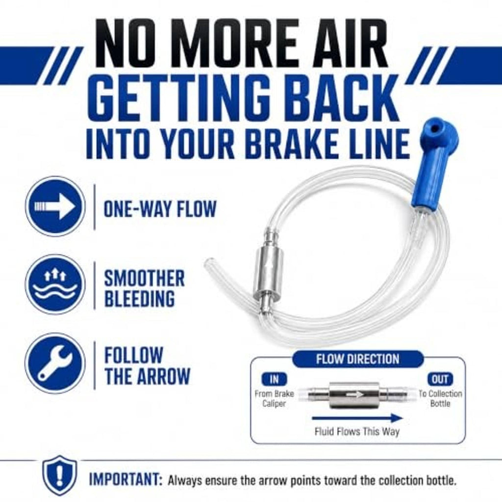 Brake bleeder hose with blue adapter, clear line, and one-way flow check valve